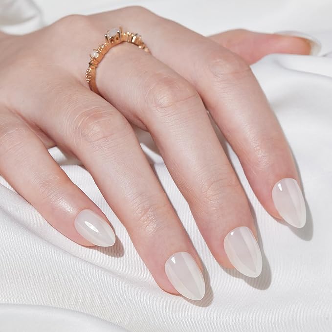 Press On Nails Short - Findigit Press On Nail, Short Almond Fake Nail White with Nail Glue, Fit Perfectly Natural Reusable Stick On Nails in 16 Sizes - 32 Glue On Nail Kit, Almond Glossy