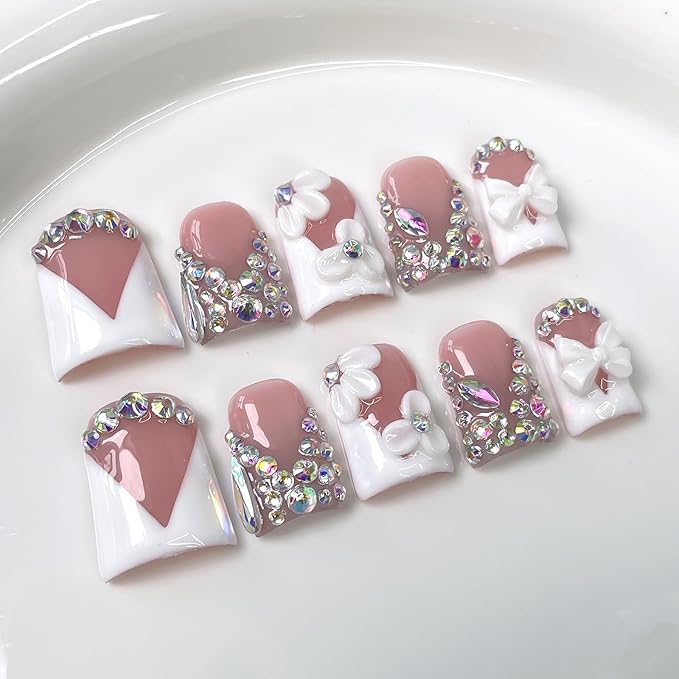 10Pcs Short Duck Press on Nails Handmade Fake Nails French Tip False Nails with 3D Flower Bow Rhinestone Design Handmade Acrylic Nails Press onsSpring Summer Flower Stick on Nail for Women (S)