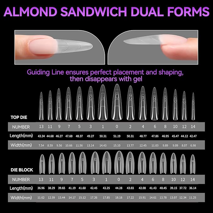 Gelike EC Nail Forms for Builder Gel: Reusable Almond Sandwich Dual Forms for Acrylic & Polygel - 240Pcs 15 Sizes, Nail mold for Flat & Arched Nails - Creates Short to Long Styles