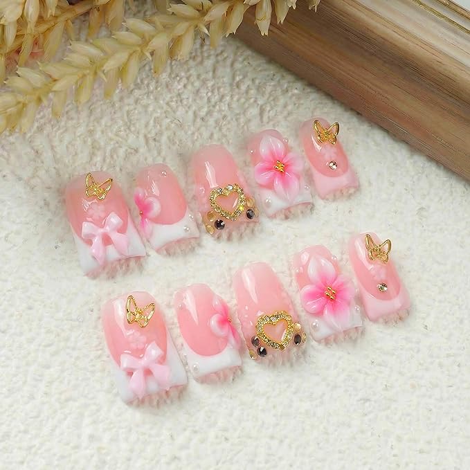 10Pcs Pink Press on Nails Short Handmade Duck Fake Nails with 3D Flower and Charms Designs French Tip Nails Press Ons Sparkly Full Cover Artificial False Nails for Women Manicure (Size M)