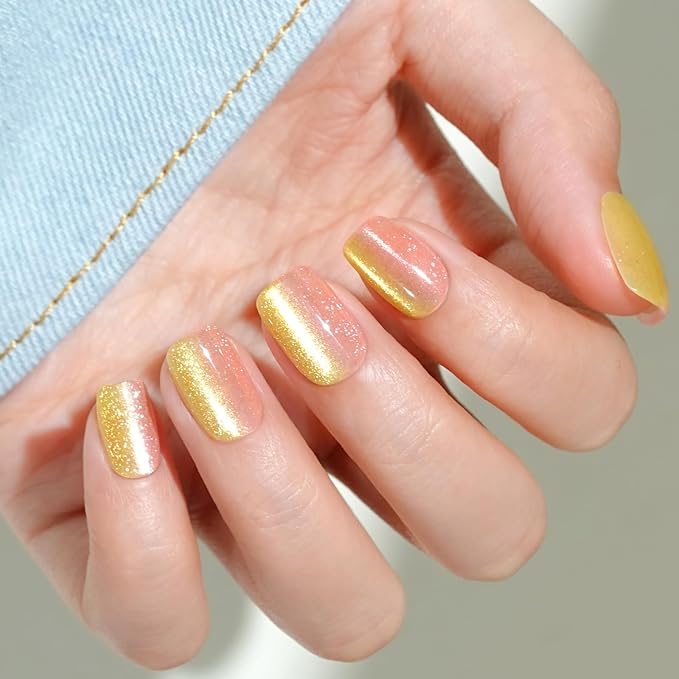 Press on Nails Short, Jofay Fashion Fake Nails, Two-color Ombre Cat Eye Press on Nails, Summer Acrylic False Nails, Reusable Stick on Nails for Women Girls, Glue on Nails Kit 32 Pcs, Sunny Beach