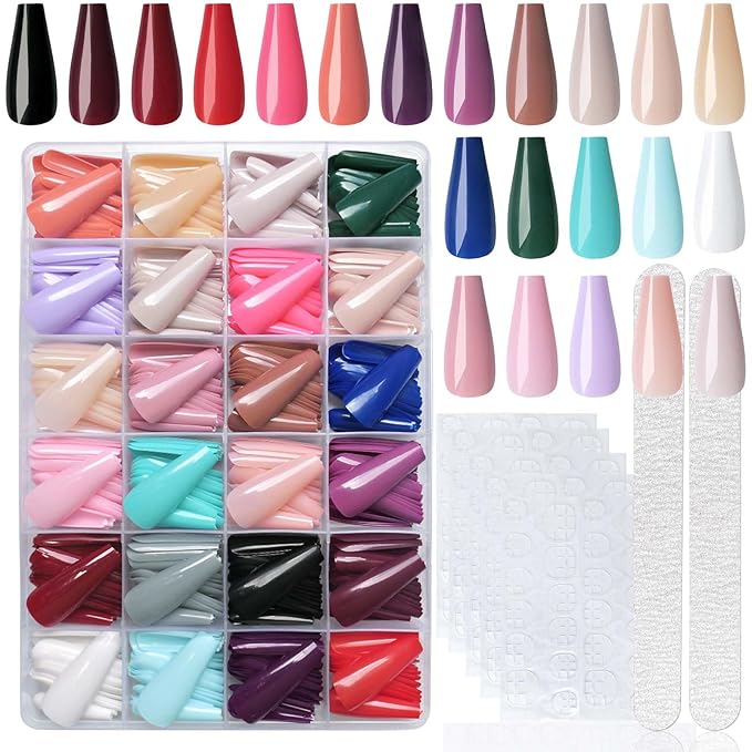 LoveOurHome 576pc Coffin Press on Nails Long Colored Fake Nails Tips Full Cover Medium Ballerina Press on Nail Acrylic Artificial False Fingernails Manicure Decor