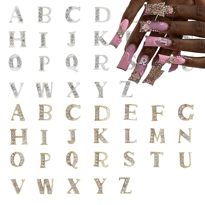 52 Pcs 3D Silver and Gold Nail Charms Letters Initial Charms for Nails Nail Letter Charms Alphabet Rhinestone Letter Nail Charms for Nail Art Design Decoration DIY Craft