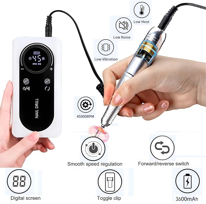 Electric 45000RPM Nail Drill Machine Rechargeable Portable Nail File Electric DIY Nail Drill Kit with Smart LCD Screen for Gel Nail Manicure and Pedicure Reflective Body etc(White)