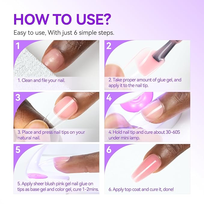 Gelike EC Gel Nail Glue UV Light: Sheer Blush Pink 6 in 1 Adhesive Gel Nail Polish, Strong Nail Glue for Press On Nails Nails Acrylic Tips, Long Last - Nail Art Gift for Home Salon Beginner DIY