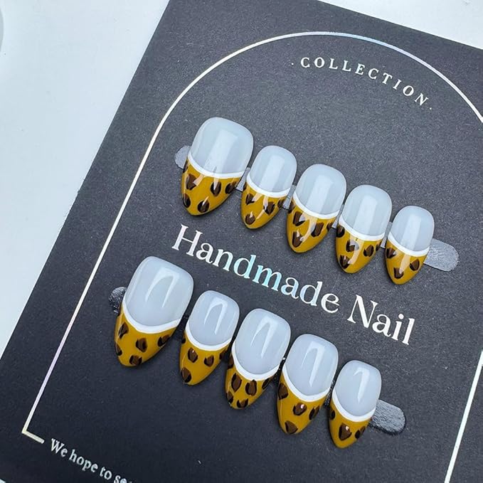 100% Handmade Press on Nails Medium Almond Handmade Nails with Leopard Print Design French Tip Fake Nails Glossy Skin Tones Nail Press ons Reusable Spring Summer Acrylic Nails for Women Size M 10Pcs