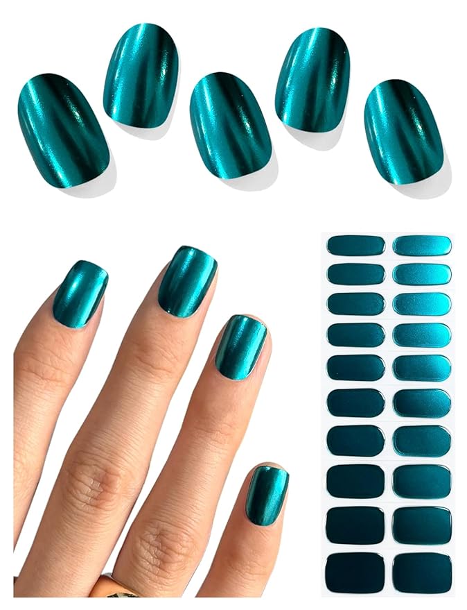 Semi Cured Gel Nail Strips (Mirror Lake Blue), 20 Pcs Chrome Gel Nail Wraps, Stickers, Salon Quality, Works with Any UV Lamps