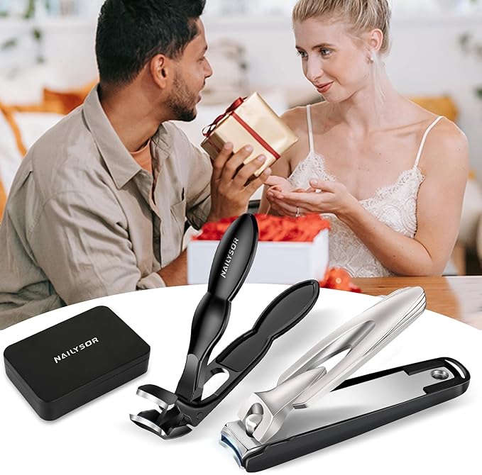 Nail Clippers Set of 2, Large Heavy Duty Fingernail Clippers with Catcher Long Handle, Angled Head Toe Nail Clippers for Thick Nails for Seniors, Sharp Wide Jaw Opening Toenail Clippers for Men Women