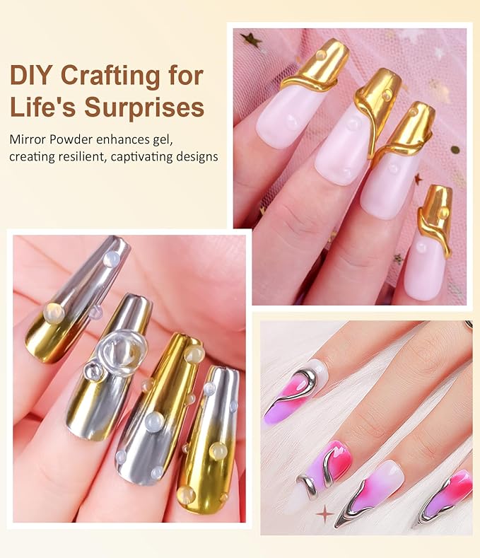 No.1 Metallic Gold Chrome Nail Powder Mirror Effect Kit with 20g 3D Gel Nail Art Sculpture Clear 100% Non-Toxic for Nails Extension, DIY at Home Salon, Gold Chrome Nail Art Supplies