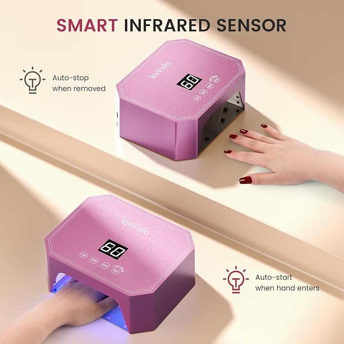 Lavinda 54W UV LED Nail Lamp – Plug-in Gel Nail Light with LCD Display, 4 Timers, Auto Sensor, Dual Wavelength, Nail Dryer for Home & Salon Pink