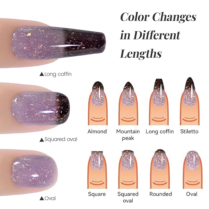 YTD Likomey Brocade Glitter Color Changing Gel Nail Polish,15ml Grayish Purple To Black Shimmer Mood Temperature Change Colors Iridescent Flakes,Fall Winter Ombre Thermal UV Gel,WB348