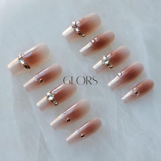 Long Ballerina Press-on Nails, Pink French Style with Rhinestones, Coffin Shape, Handmade False Nail 10 Pieces (Medium,LB)