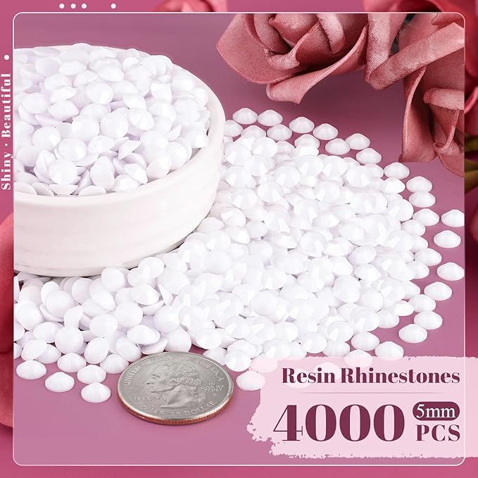4000PCS 5mm Resin Rhinestones Bulk for Crafting (White), Flatback Bedazzling Crystals for Crafts DIY Nail Decoration, Gems Charms for Tumbler Shoes Clothing Fabric with Pickup Pen and Tweezers