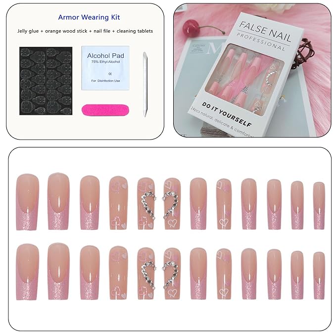 Pink Heart Long Press on Nails Coffin with Love Rhinestones Design Acrylic Nails Press ons Full Cover False Nails with Glue for Women and Girls 24Pcs