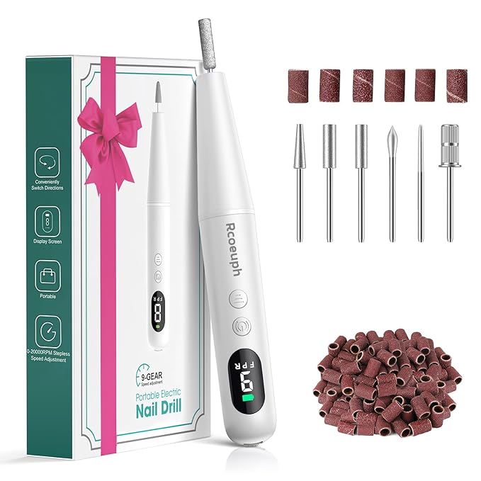 Cordless Nail Drill Kit - 9 Speed Wireless Electric Nail File with LED Display, Portable Nail Drill Machine for Acrylic Gel Nails, Rechargeable 20000RPM Hand Feet Grind Trim Tool for Women Men Baby