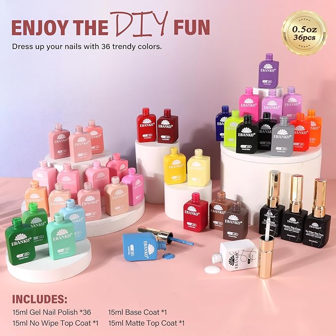 EBANKU 36Colors 0.5Oz Gel Nail Polish Set Same Color Same Bottle Soak Off Gel Polish Kit with 3PCS Functional Glue Nail Art Manicure Salon DIY at Home for Women