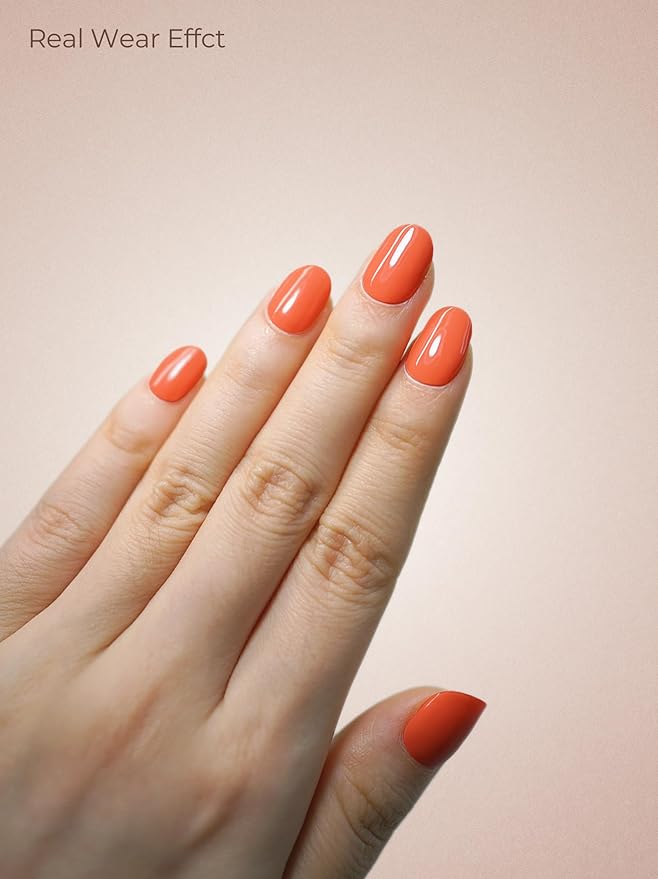 Real Gel Nail Strips (No UV Light Needed) - 44Pcs Salon Quality Nail Stickers - Long Lasting Polish Wraps for Women, Easy Apply & Remove (Crimson Tip Orange)