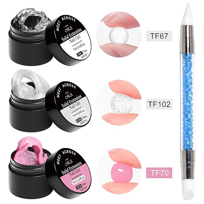 MEET ACROSS 7Pcs Solid Builder Nail Gel 5 IN 1 Solid Builder Gel for Nails Clear Pink Sliver Non-Stick Hand Nail Extension Gel Manicure DIY for Women