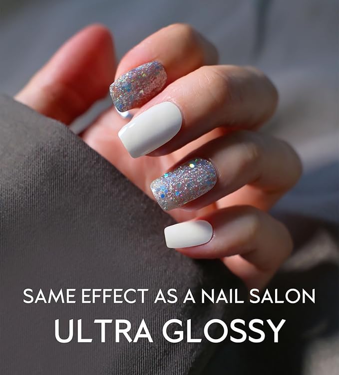 Semi Cured Gel Nail Strips - UV Light Gel Nail Stickers - 20 Long Lasting Salon Quality Wraps (Glacial Flicker White&Silver)