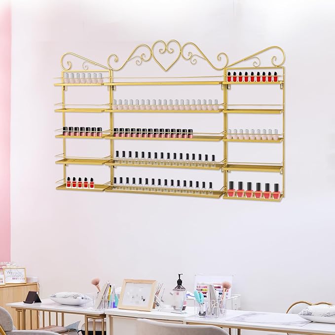 Nail Polish Rack Wall Mount, 5 Tiers Nail Polish Bottle Holder, 200 Bottles Organizer Shelf, Storage Display Holder for Home Salon Business Spa (Gold)