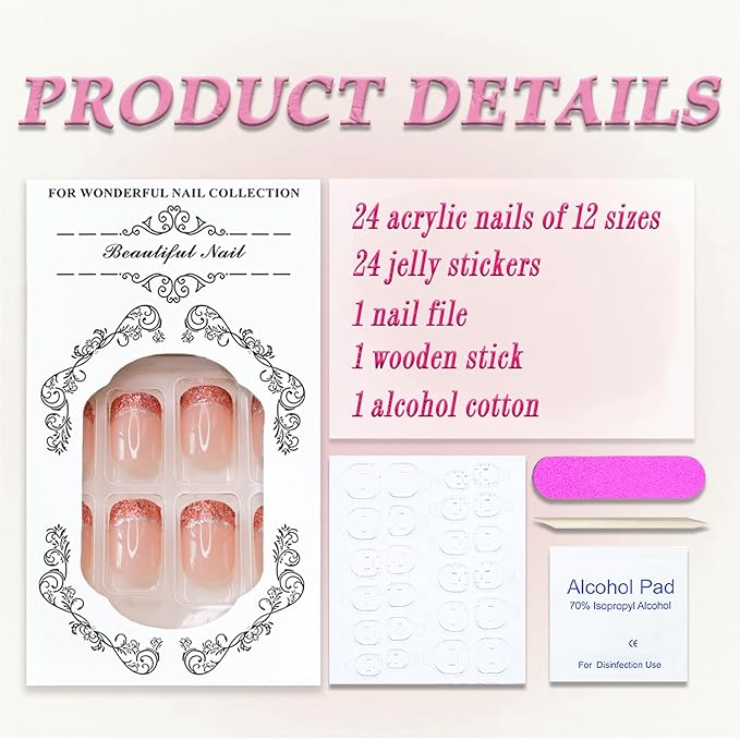 Pink French Tip Press on Nails Short Square MABKJLF Fake Nails False Nails with Glitter Designs Full Cover Glossy Glue on Nails Acrylic Nails for Women Girls 24Pcs