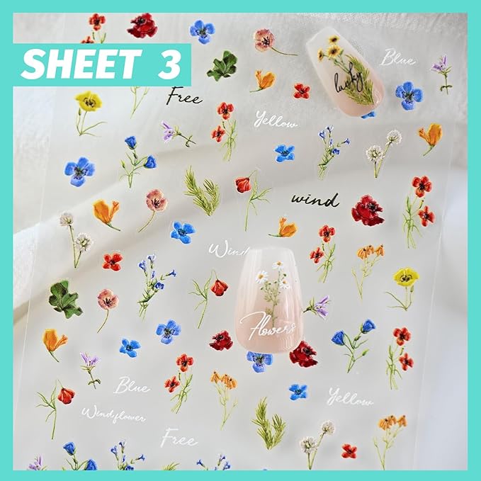 Flower Nail Art Stickers 3D Embossed Nail Decals for Nail Art Design Self-Adhesive Spring Summer Nail Accessories for Women Nail Art Supplies 3 Sheets