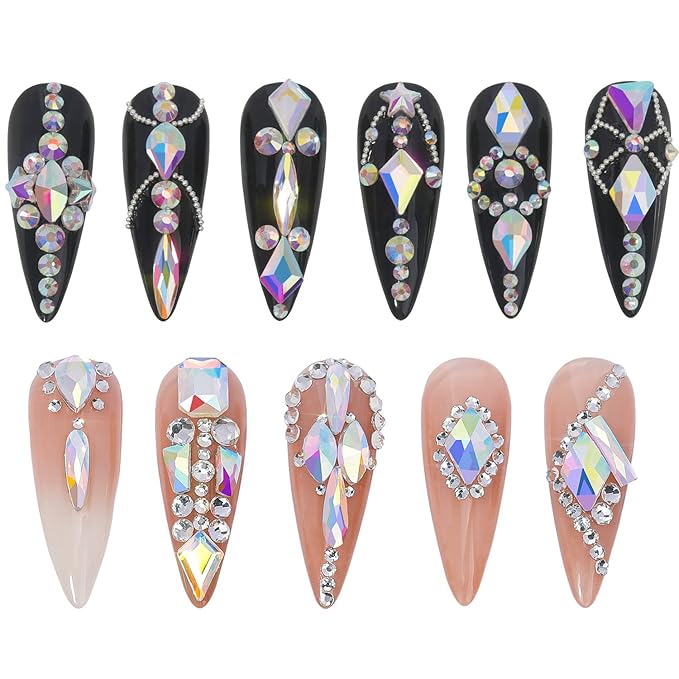 HNUIX Nail Rhinestones - 3D Multi Shape Size, AB Crystal Nail Gems and Charms, Flat Back, with Kit, for Nail Art, DIY Decorations