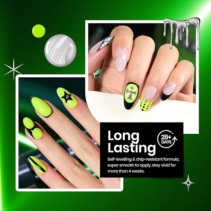 Beetles Neon Green Gel Nail Polish Set, Black Glitter Silver Brat Tribe Gel Polish with Rhinestones Soak off Uv Lamp Nail Festival Manicure Gift for Women