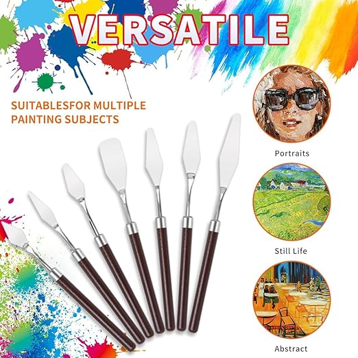 7Pcs Palette Knives Metal Spatulas with Wooden Handles for Oil Paints, Painting Craft Knife Mixing for Art, Palette Scraper for Paint Mixer, Smearing, Clay Sculpting Tools. 1Set