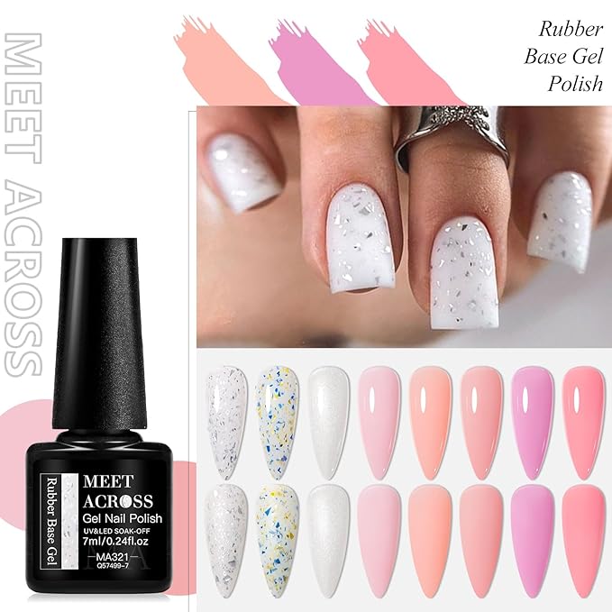 MEET ACROSS 12 Pcs Color Base Gel Nail Polish, 8 Colors Nude Pink Gel Polish Set Neutral Gold Foil Base Coat 3 in 1 Builder Base for Nail Strengthener Soak Off Nail Art for Women