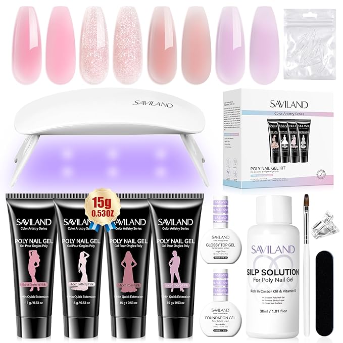 SAVILAND Poly Gel Nail Kit for Starter: 4 Poly Gel Nail Colors 28 Day Long Wear Ultra-Hard with Slip Solution, Fast & Easy Extension Nail Kit with Nail Lamp All-in-1 for Beginner DIY Art Home Salon