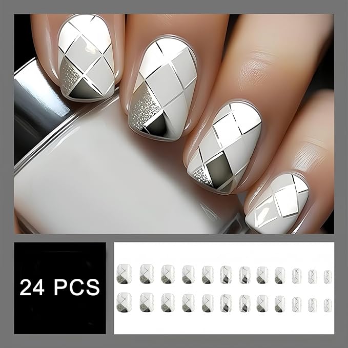 Gray and White Plaid Press on Nails Short Square Fake Nails Lined Plaid False Nail Design Full Cover Glitter Plaids Glossy Acrylic Nails for Women and Girls DIY Manicure Decoration 24Pcs