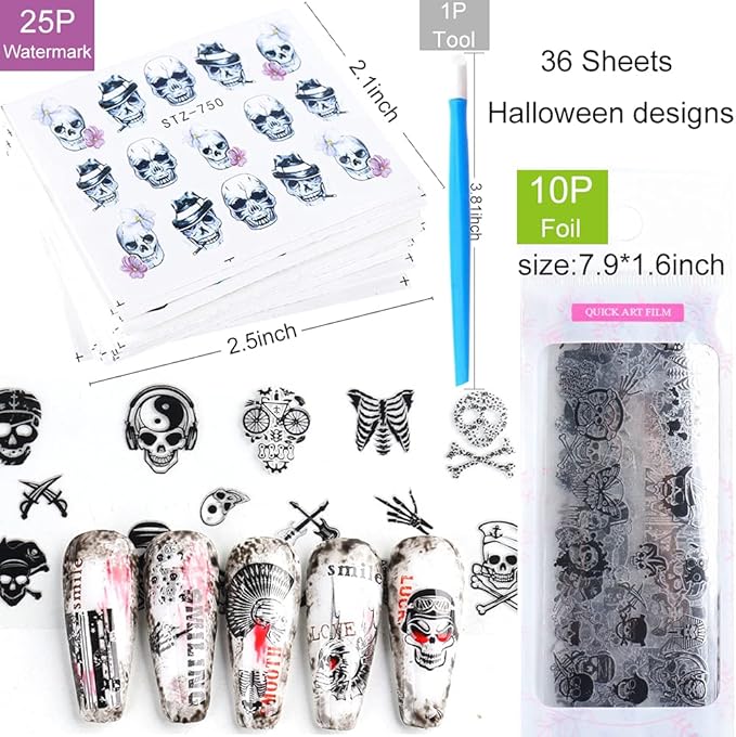 25 Sheets Halloween Water Transfer Nail Stickers Nail Art Decals,10 Sheets Punk Skull Nails Foil Transfer Stickers,Grimace Skull Eye Spider DIY Decals for Halloween Party(35 Pcs)