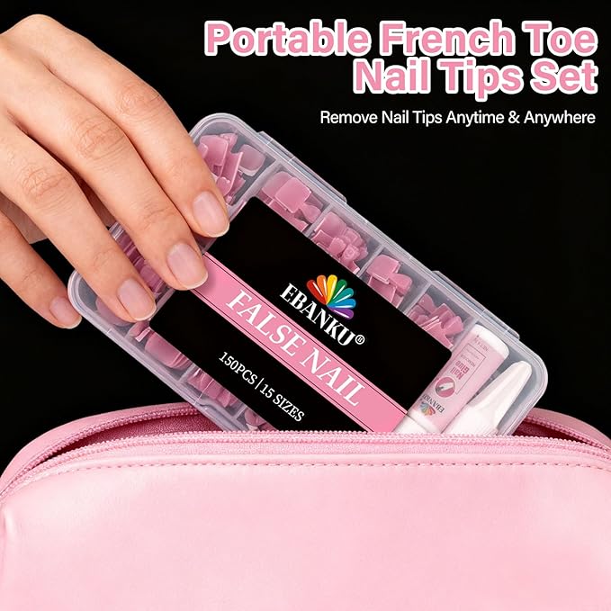 French Tip Press on Toenails Set, EBANKU 150PCS Berry Pink Sharp Square Toenail Press ons with Nail Glue& Nail Remover, Pre-Applied Primer & Base Coat Acrylic False Toe Nails Extension, 15 Sizes