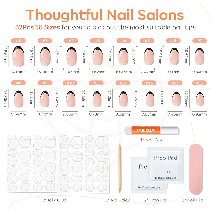 modelones Black French Tip Press On Nails, Short Oval Fake Nails Press Ons with Nail Glue, Adhesive Tabs, Nail File, Prep Pad, Manicure Stick, 32Pcs 16 Sizes, Women Girl Gift