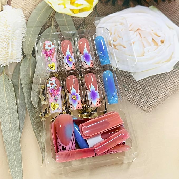 Press on Nails Coffin Long Length Acrylic Glossy Full Cover Square Shaped French False Nails with Designs Artificial Extra Long Fake Nails with Charms Glue ons Fingernails for Women(AS61)