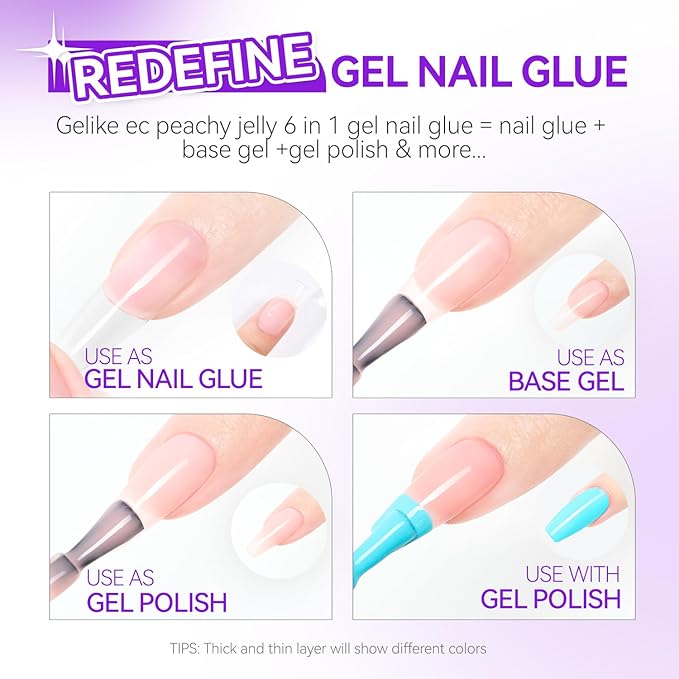 Gelike EC Peachy Jelly Nail Glue Gel - 6 in 1 Extra Strong Clear Acrylic Nails - Long Lasting Extension Adhesive UV Nude Pink Nail Glue for Clear Press On Nail Tips - UV Cure Required