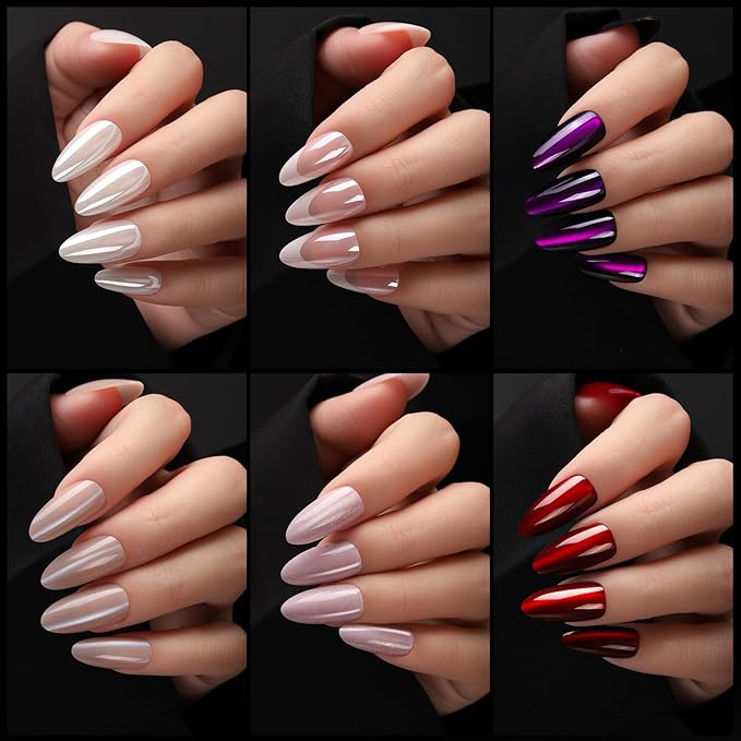 FANDAMEI Press On Nails Almond, 6 Colors Cat Eye Press On Nails, Natural Fake Nails Glossy French Tip, Cat Eye Nails for Women Salon Quality, Christmas Iridescent Chrome Press on Nails Kit