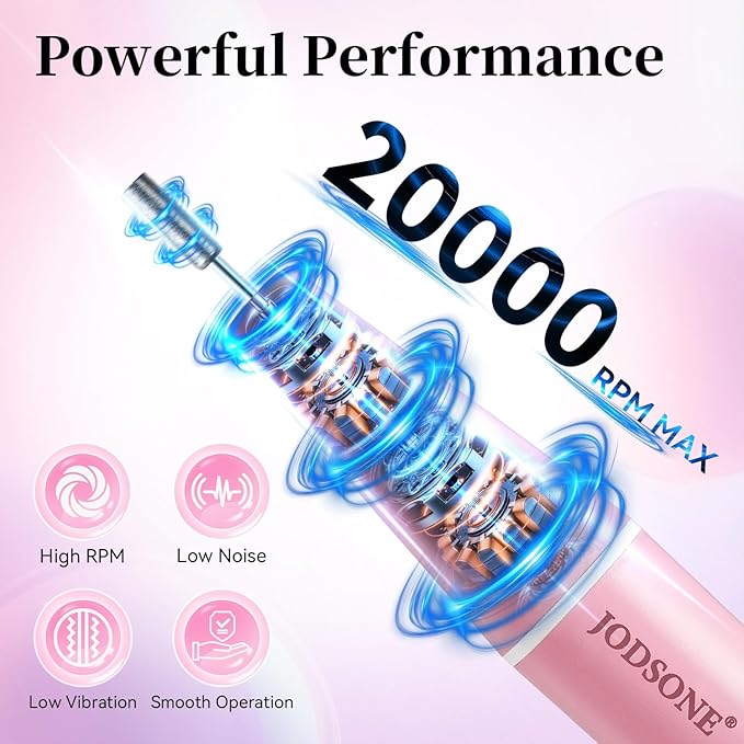 JODSONE Cordless 20000 RPM Portable Nail Drill Multifunctional Low Noise with LED Display Rechargeable Professional Nail Drill for Home Nail Salon Pink
