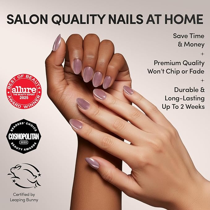 Glamnetic Press On Nails - Fairy Dust Fake Nails | Short Oval Beige-Pink Nails with a Mesmerizing Metallic Finish, Salon Quality | 15 Sizes - 30 Nail Kit with Glue