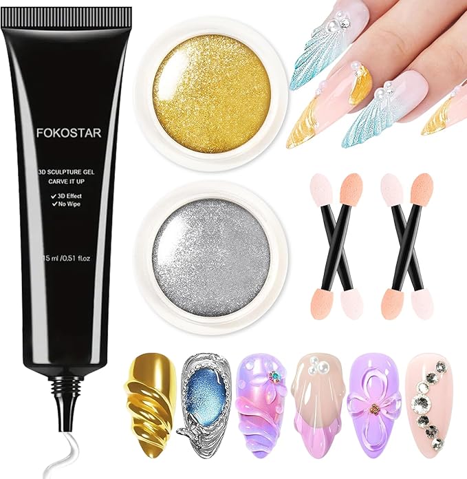3D Gel Nail Art Silver Gold Chrome Nail Powder Kit Clear 3D Nail Sculpting Gel Gold Chrome Powder for Nails Art Design Silver Glitter Pigment Powders Metallic Mirror Effect with Tools