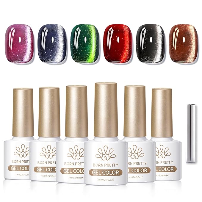 Born Pretty 6 Colors Christmas Cat Magnetic Eye Gel Nail Polish Set,Fall Winter Red Green Brown Black Blue Shimmer Glitter Holographic Magnetic Soak Off U V Nail Gel DIY Art for Girls Women 7ML