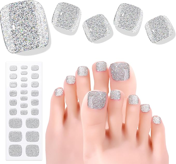 Semi Cured Gel Nail Strips - 26 PCS Salon Quality Toe Gel Nail Stickers for All UV Light - Longlasting & Easy Remove Toe Wraps Art Kit for Women (Starry Silver)