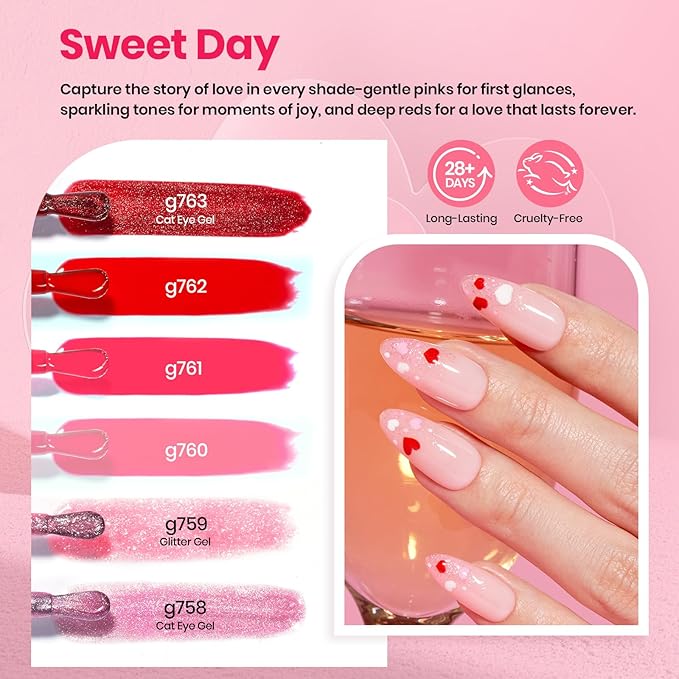 Beetles 30 Pcs Gel Nail Polish Kit with U V Light - 6 Colors Red Cat Eye Gel Polish Set Pink Jelly Glitter Sweet Date Collection with Heart Magnet Manicure DIY Salon Gifts for Mom Women Teens Girls