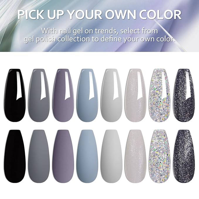 MTSSII Grey Gel Nail Polish Set 8 Colors, Gray Tone Dark Cloud Stone Seal Iron Fossil Shades Collection Black Glitter Sliver Nail Polish for Fall Winter Nail Art Kit Design Soak Off Manicure Gift