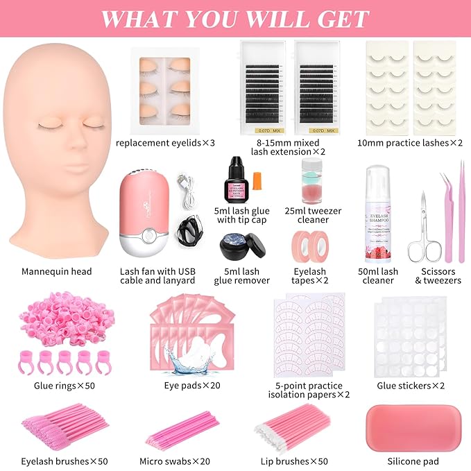 Lash Training Kit for Eyelash Extension, 232 PCS Individual Lash Kit for Beginner Practice with Everything: Mannequin Head with Removable Eyelids Fan Eyelashes Glue Tweezers Lash Tools Supplies