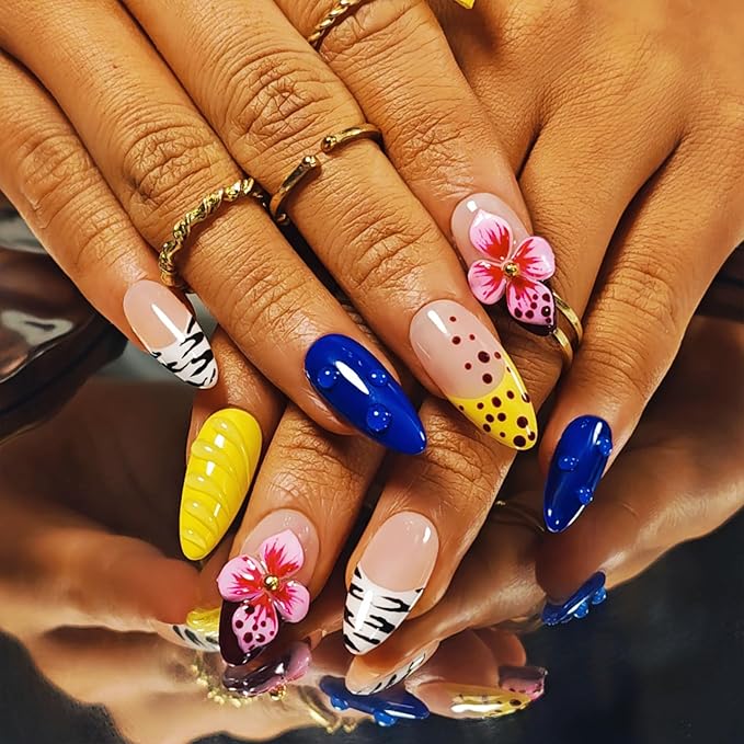 Handmade Acrylic Press On Nails Almond, 3D Press On Nails Medium, Yellow French Tip Nails 3D Flower Bee With Bubble For Women Gift, Reusable Stick On Fake Nails Kit With Nail Glue(Bee's Garden-L)