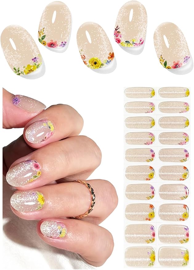 UV Gel Nail Stickers, Flower Cat Eye 20pcs Semi Cured Gel Nail Strips, Wraps for Home Manicure DIY