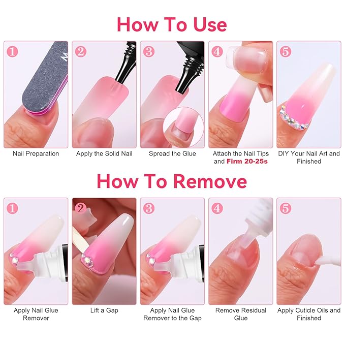 Makartt Nail Glue with Remover - No Lamp Needed 10ml Semi Solid Nails Glue for Press-Ons, Acrylic False Tips, Soft Gel, and Toenails, Easy Removal