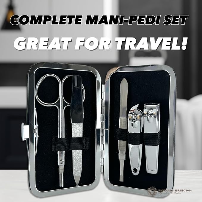 Earth & I 6 Piece Manicure Pedicure Kit, Professional Nail Care and Grooming Tools with Fingernail and Toenail Clippers, Mens Self Care, Travel Mens Toilettries in Hard Leatherette case